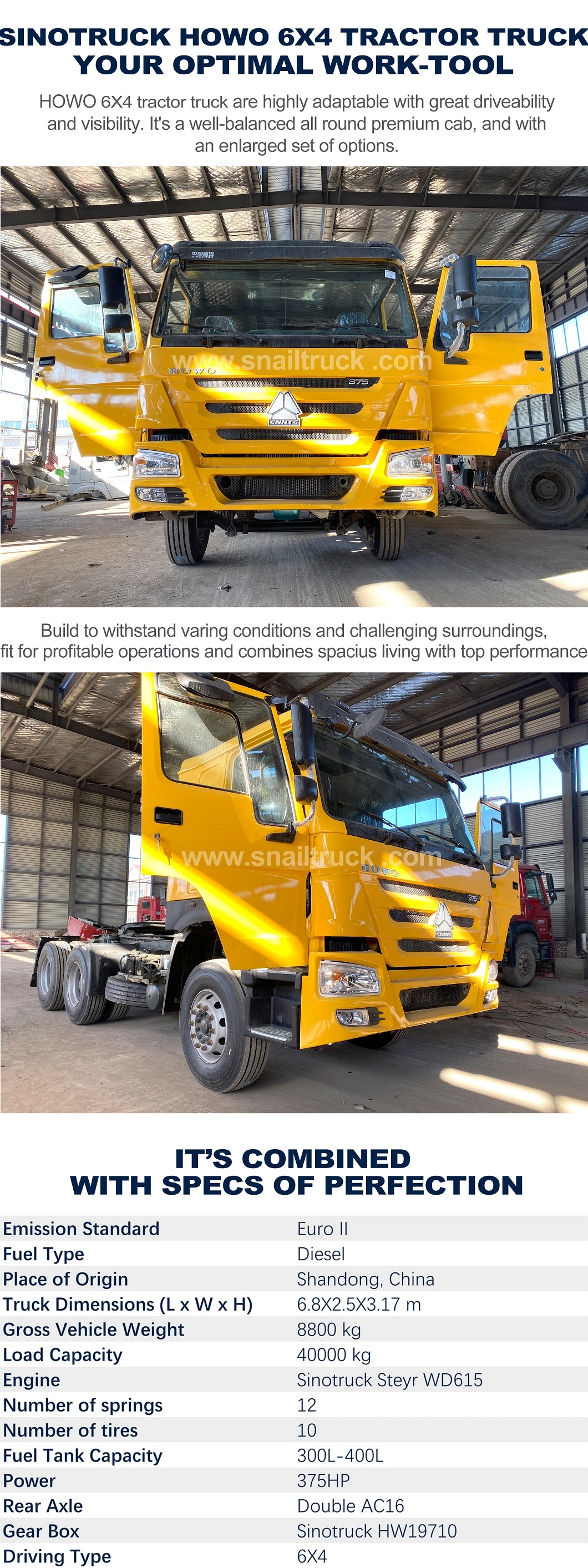 Heavy Duty Sinotruk HOWO 336/371/420HP 6X4/8X4 10/12 Wheeler Used Tractor Head Cargo Truck for Sale